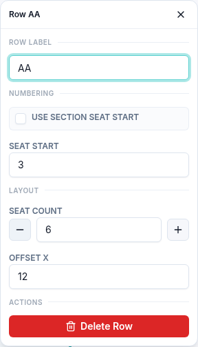 Row AA configured with six seats starting at 3 and a horizontal offset of 12.
