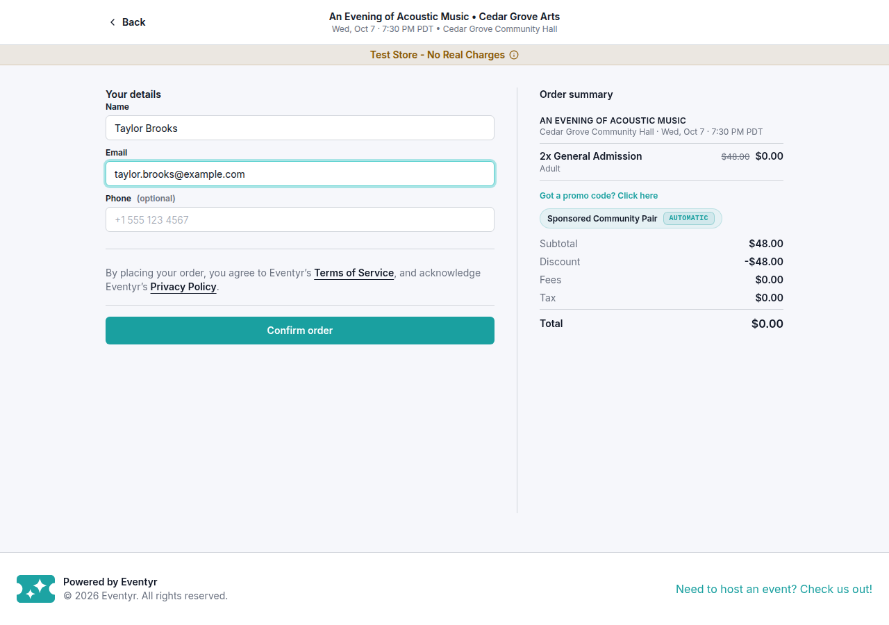 Checkout showing two $24 admissions and the automatic Sponsored Community Pair discount, leaving a zero-dollar total.