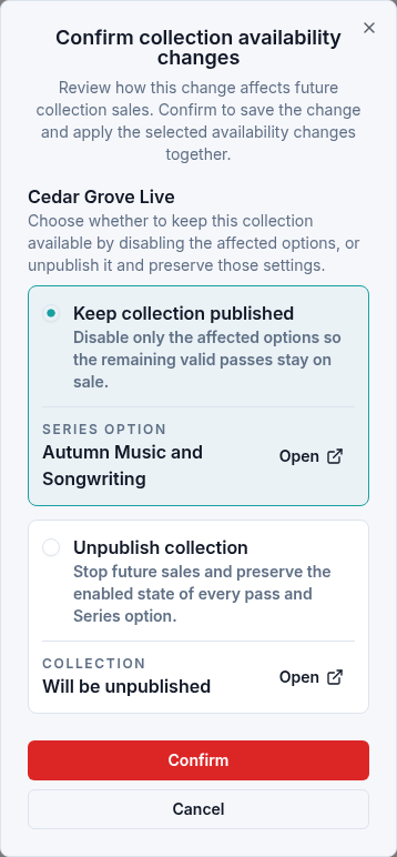 Availability review with Keep collection published selected and the affected Autumn Music and Songwriting Series listed