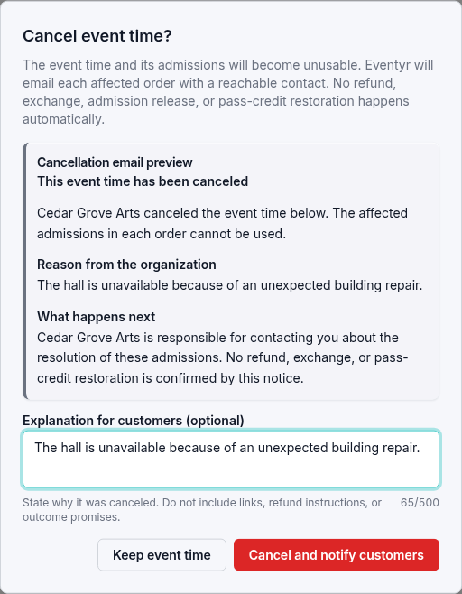Cancellation review with a customer email preview explaining that the hall is unavailable because of a building repair.