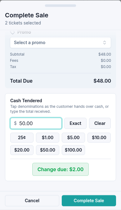 Phone cash-sale review showing $48.00 total due, $50.00 cash tendered, and $2.00 change due.