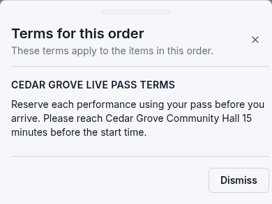 Phone checkout showing Cedar Grove Live pass terms about reserving event times and arriving early