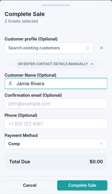 Complimentary ticket review with Jamie Rivera as the customer, Comp as the payment method, and a zero total.