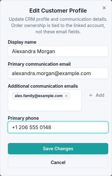 Customer profile editor with Alexandra Morgan's display name, primary and additional communication emails, and phone number.