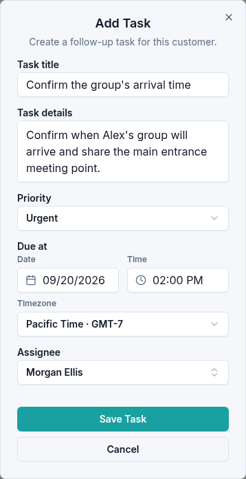 Add Task dialog assigning Morgan Ellis an urgent group-arrival follow-up with a date, time, and Pacific timezone.