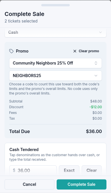 Phone sale review showing the NEIGHBORS25 code, a $12 discount on two tickets, and $36 due.