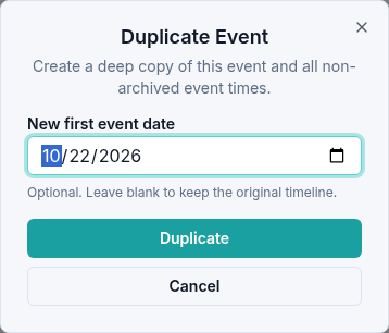 Duplicate Event dialog with October 22, 2026 selected as the new first event date.