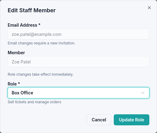 Edit Staff Member dialog with the Box Office role selected and the member's email unavailable for editing.