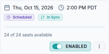 An enabled workshop time showing 2:00 PM Pacific time and 24 of 24 seats available.