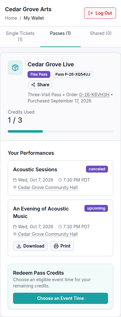 A pass wallet shows one of three credits used, the old Acoustic Sessions booking canceled, and its acoustic evening replacement upcoming.