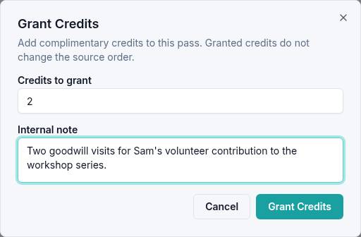 Grant Credits dialog with two credits and an internal note for a customer's complimentary visits.