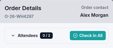 Order Details for Alex Morgan with zero of two attendees checked in and a Check In All button.