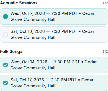 One Acoustic Sessions event time selected, its later date unselected, and both Folk Songs dates selected