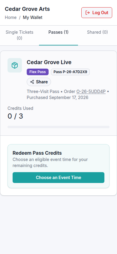 A newly booked Three-Visit Pass in the wallet, with zero of three credits used and Choose an Event Time.