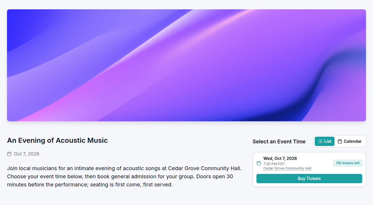 The public page for An Evening of Acoustic Music with a wide purple banner above the event description and ticket choices.