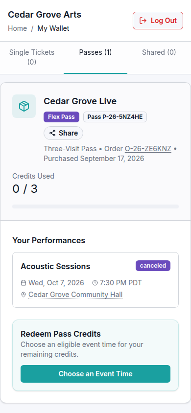 A pass wallet shows zero of three credits used, the former Acoustic Sessions booking marked canceled, and Choose an Event Time.