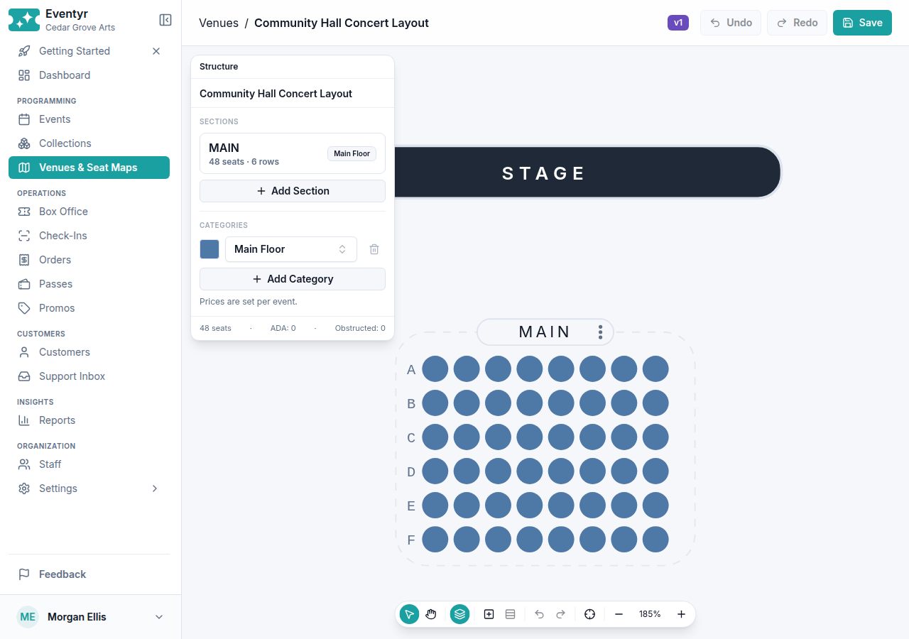 A saved venue map with 48 seats in six rows, a Main Floor category, and version v1.