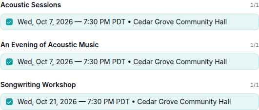 Three included event times at Cedar Grove Community Hall after replacing Folk Songs with An Evening of Acoustic Music