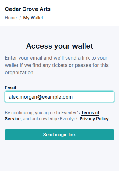 Cedar Grove Arts wallet sign-in, with the Email field and Send magic link button.