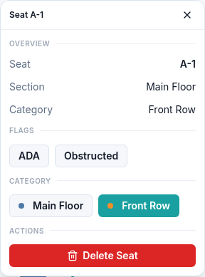 Seat A-1 assigned to Front Row, with the Front Row category selected beside Main Floor.