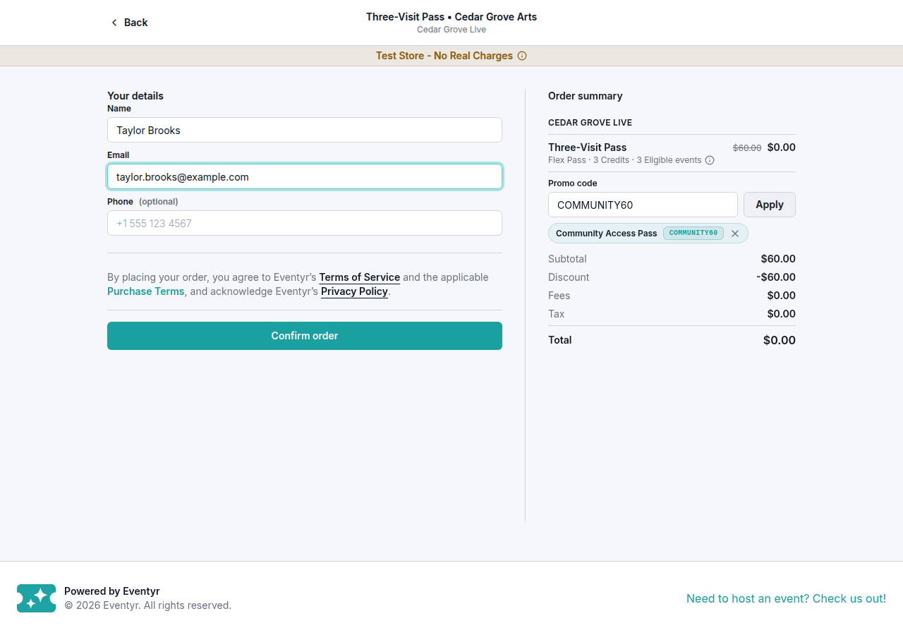 Example pass checkout showing an applied promo code and its discount.