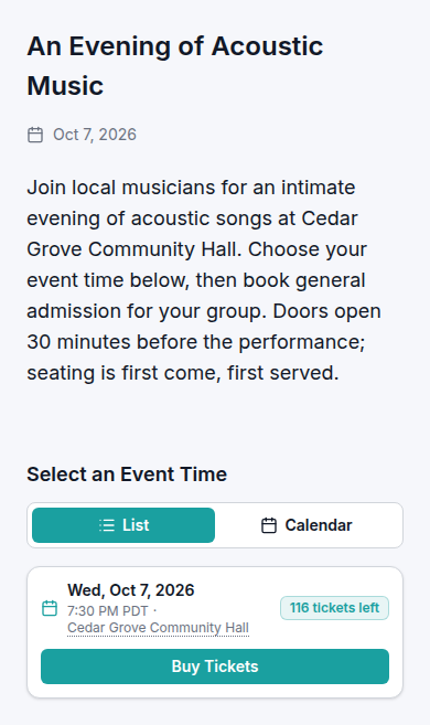 Acoustic Music event description followed by an event-time selector with List, Calendar, and Buy Tickets controls.