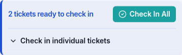 Sale confirmation with two tickets ready to check in and controls for group or individual check-in.