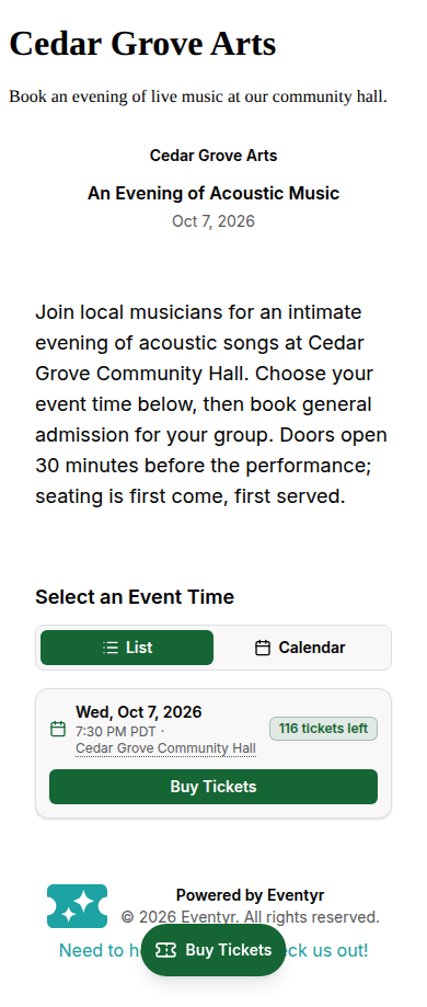 Cedar Grove Arts website with an embedded acoustic event and a green Buy Tickets button on a phone.