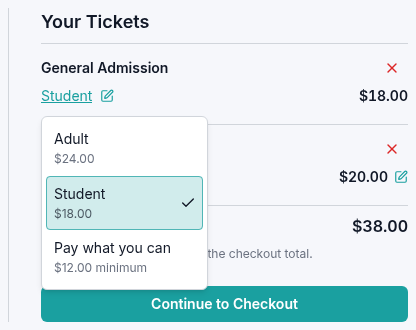 Your Tickets summary with the Student tier dropdown open for a general admission ticket, offering Adult and Pay what you can alternatives.
