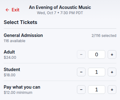 General admission ticket quantities with Adult, Student, and Pay what you can tiers; one Student and one Pay what you can ticket are selected.