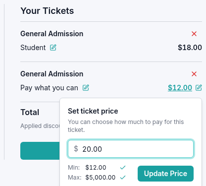 General admission summary with a Pay what you can ticket and its Set ticket price popover open, entering $20 above the $12 minimum.