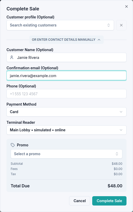 Card sale review for two Adult tickets, with a terminal selected.