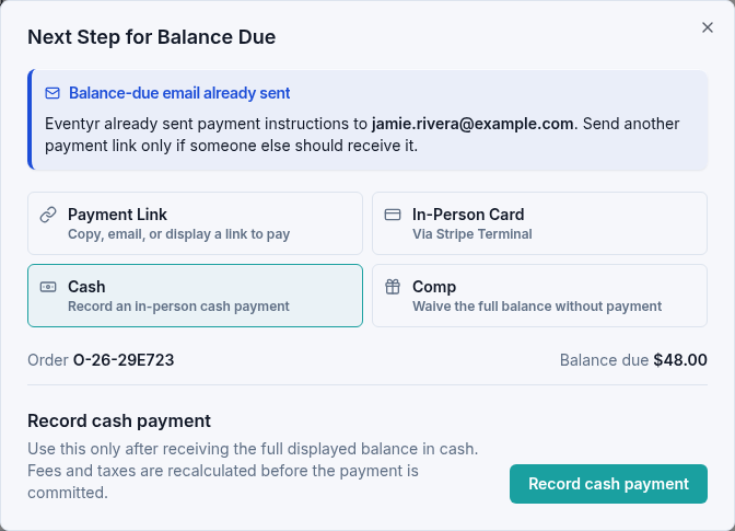 Cash selected for Jamie Rivera’s outstanding booking, with the displayed balance and Record cash payment action.
