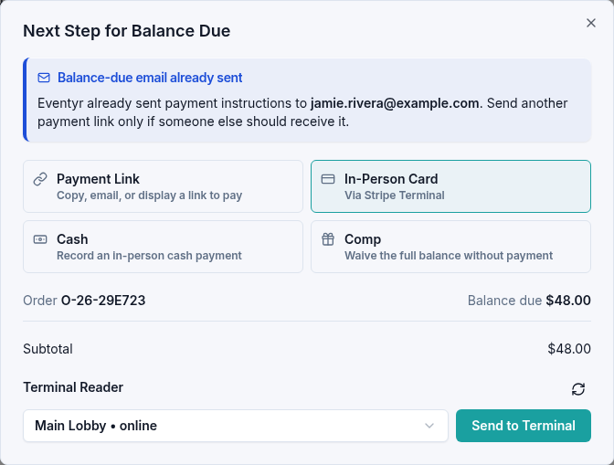 An unpaid booking offers Payment Link, In-Person Card, Cash, and Comp as the next step for its balance.