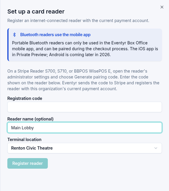 Reader setup form showing the registration code, Main Lobby reader name, and Terminal location fields.