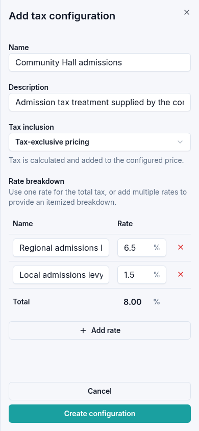 Example manual configuration with two named rate components, a total, and tax-exclusive pricing selected.