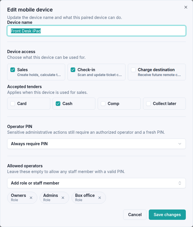 Front Desk iPad settings with Sales and Check-in enabled, only Cash accepted, and an operator PIN always required.