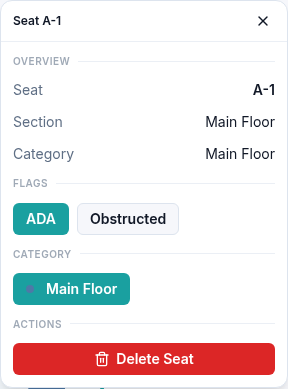 Seat A-1 in Main Floor with ADA selected and Obstructed unselected.