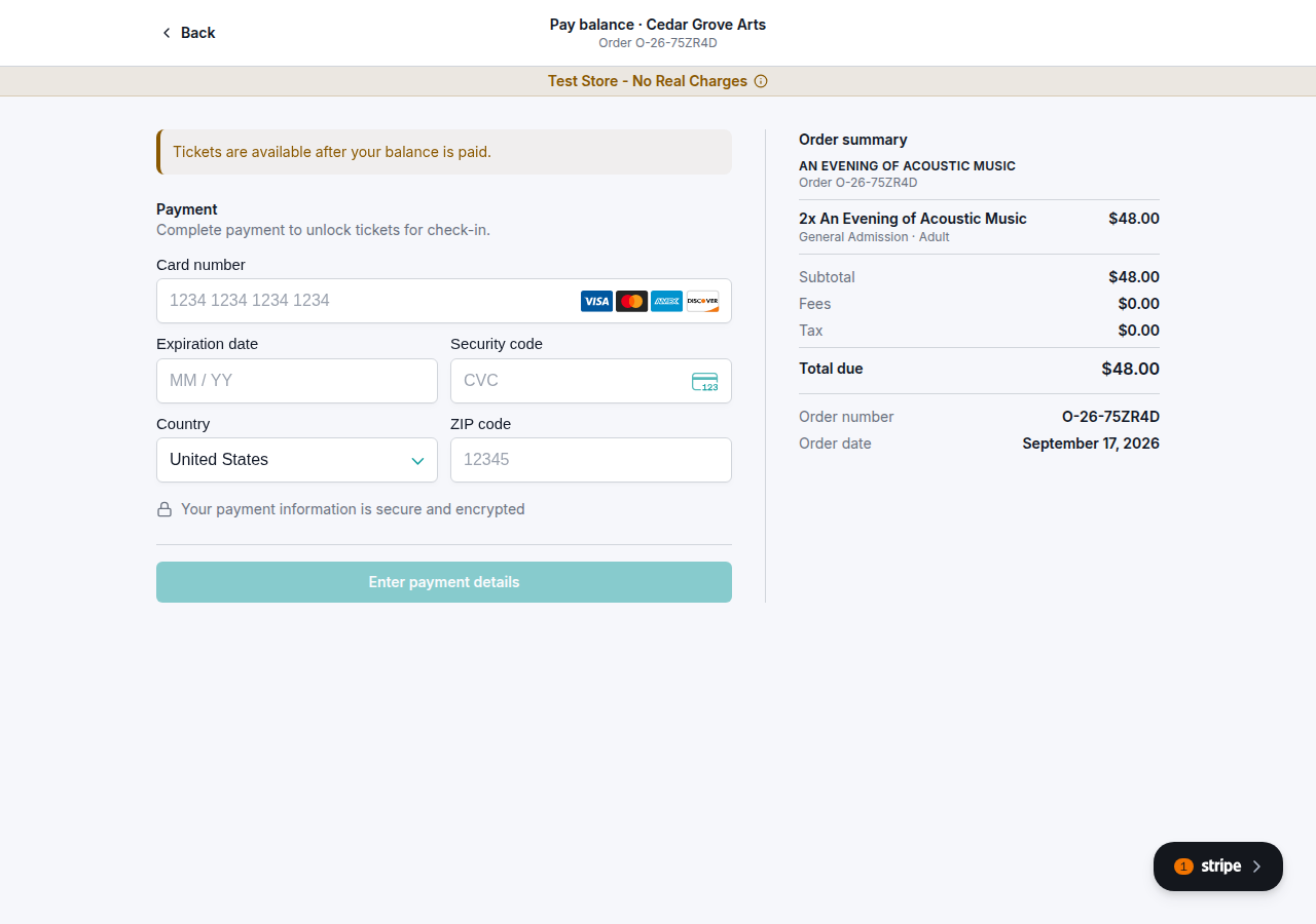 An existing Cedar Grove Arts booking with two general admission tickets, a $48 balance, and the card payment form.
