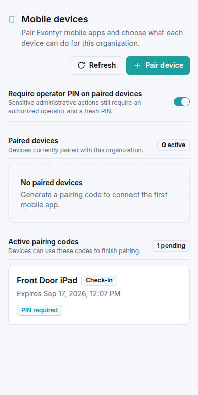A pending Front Door iPad invitation with Check-in access and PIN required, while the paired-device list is still empty.