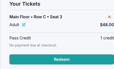 Reserved-seat summary for Main Floor, Row C, Seat 3, showing one pass credit, no payment due, and the Redeem button.