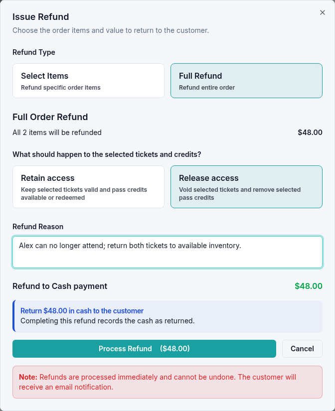 A full two-ticket refund returning $48.00 to Cash payment.