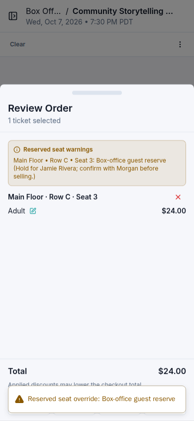 Box-office review showing a reserved-seat warning, instructions to confirm with Morgan, and one 24.00 ticket for Main Floor C3.