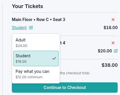 Your Tickets summary with the Student tier dropdown open for seat C3, showing alternative Adult and Pay what you can tiers.