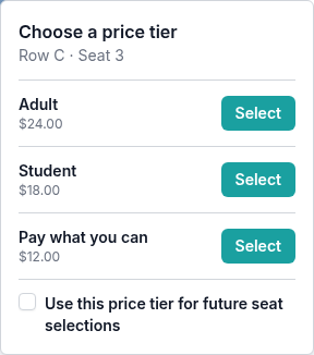 Choose a price tier popover offering Adult for $24, Student for $18, and Pay what you can with a $12 minimum.