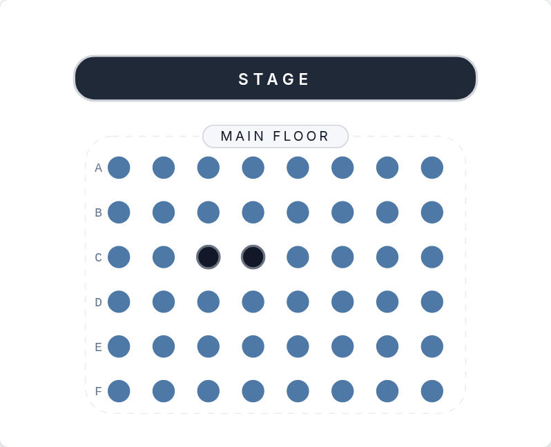Community Storytelling Night seating map with adjacent seats C3 and C4 selected in the Main Floor section.