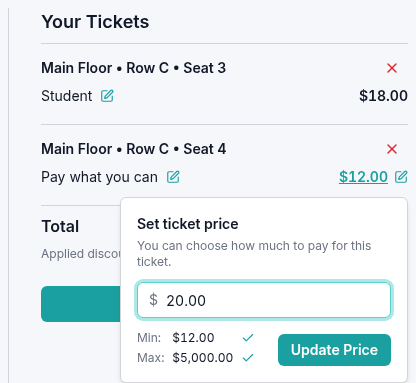 Ticket summary with a Pay what you can ticket for seat C4 and its Set ticket price popover open, entering $20 above the $12 minimum.