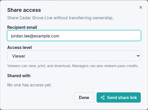 Pass sharing dialog with Recipient email and an Access level selector set to Viewer.