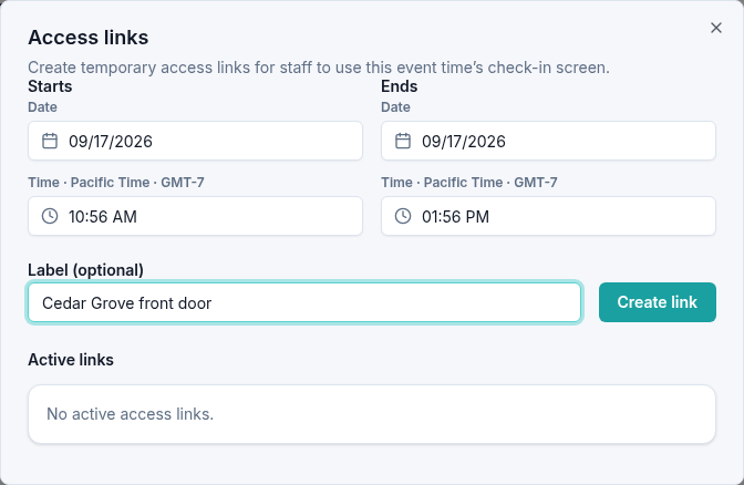 Access links dialog with a start and end time and Cedar Grove front door entered as the label.