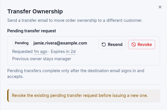 Pending transfer to Jamie Rivera, with Resend and Revoke actions and the previous owner losing access after acceptance.